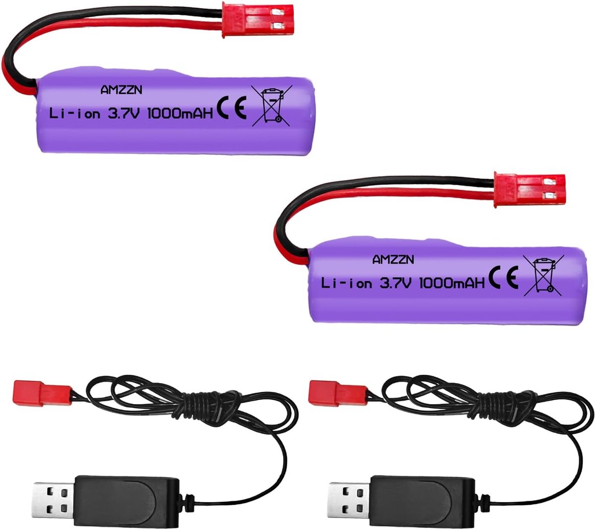 2pcs 3.7V 1000mAh Lithium Ion Battery JST-2P Plug with USB Charging Cable Fit for Huina 1337 1338 1516 1517 Vehicle - ShopVlot