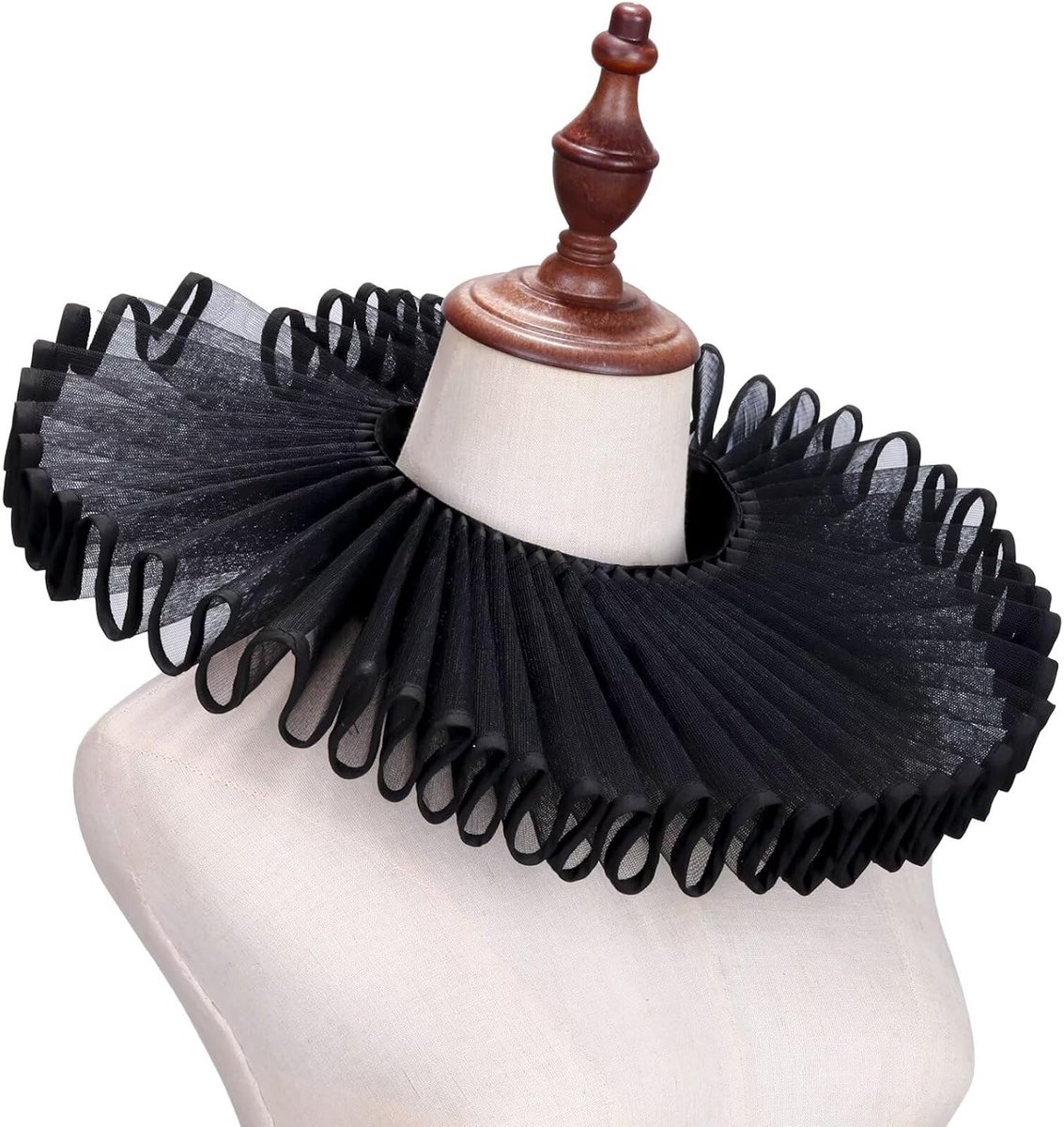Oversized Size Victorian Retro Mesh Neck Ruched Collar Layered Clown Neck Collar, Black - ShopVlot