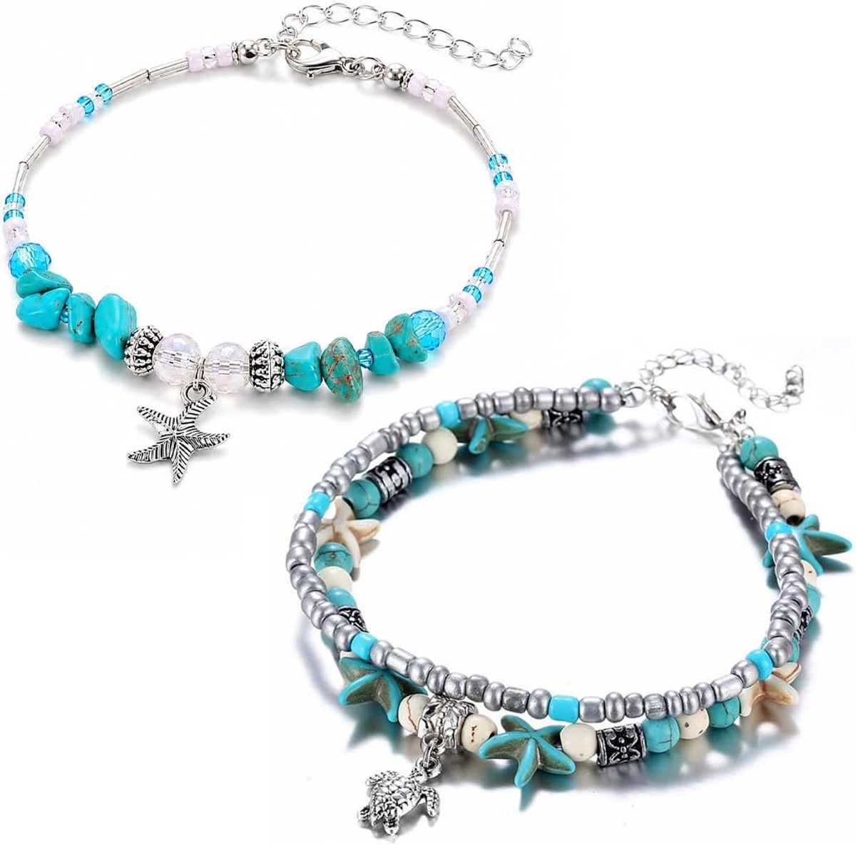 2 stuks enkelbandjes - Boheemse enkelbandjes Zeester, zeeschildpad en parels enkelbandjes Strandaccessoires voor dames - ShopVlot