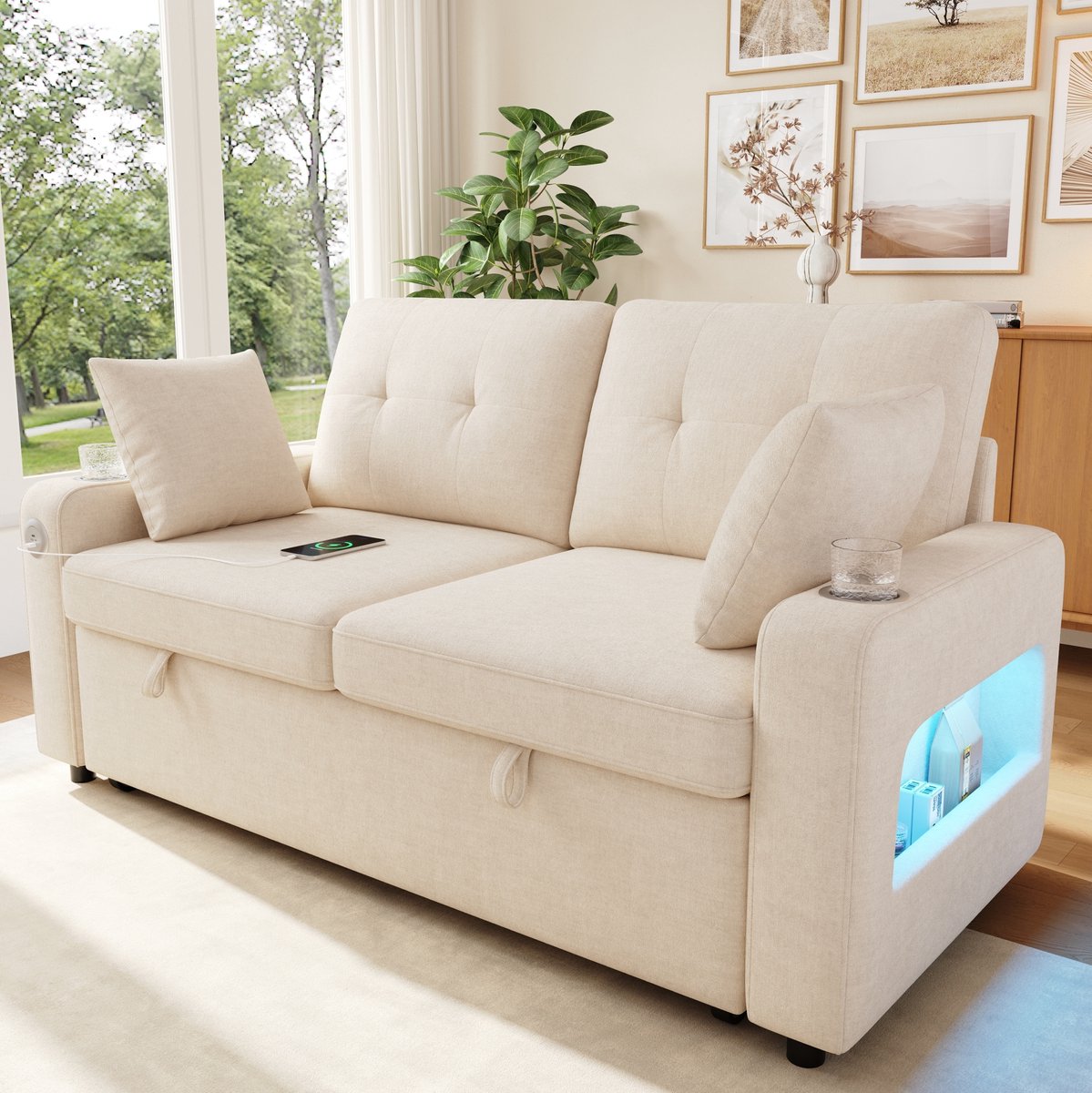 OKWISH Slaapbank 2-Zits Met Schlaffunctie En Opbergruimte Voor Woonkamer Of Slaapkamer Chenille Beige