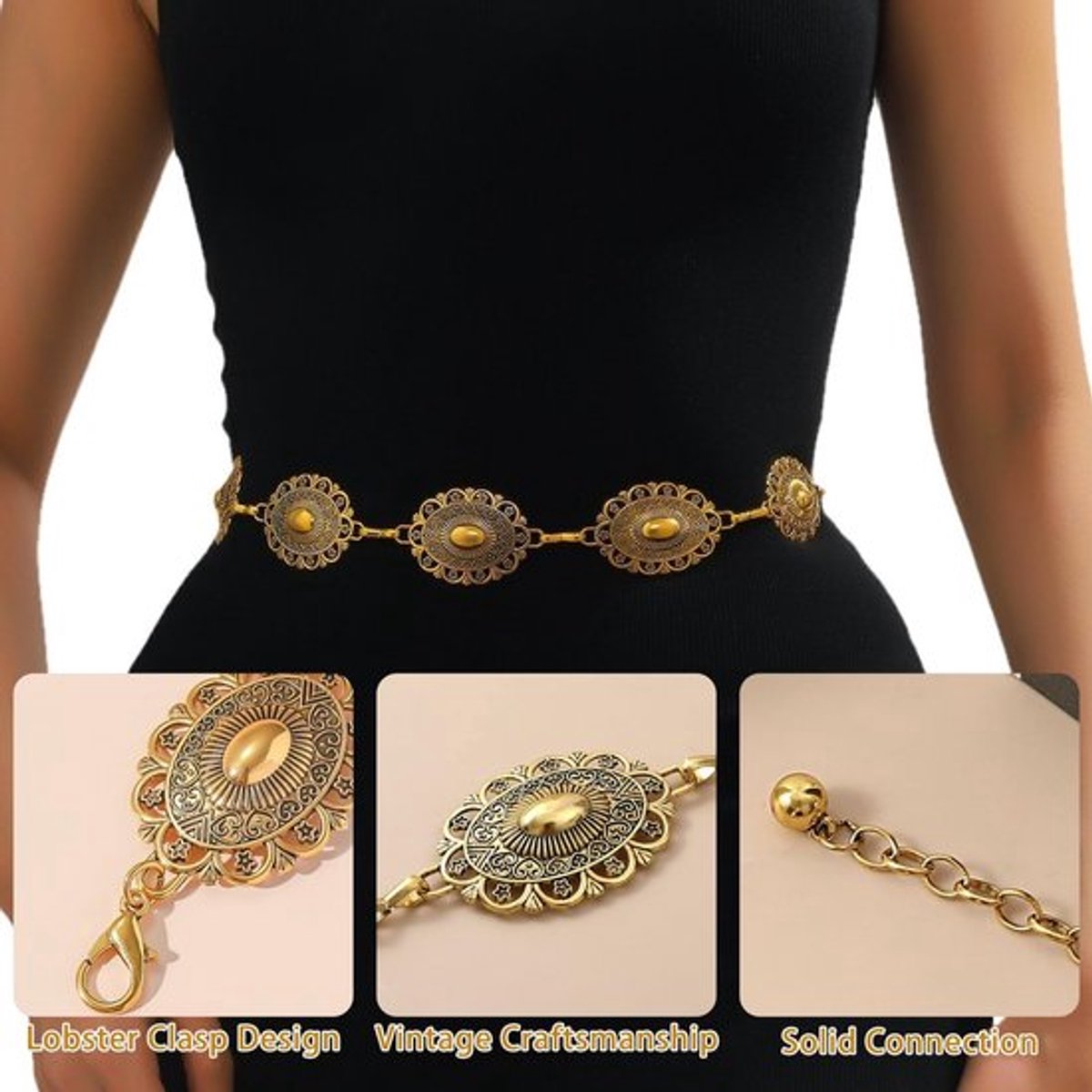 Kettingriem Goud - Verstelbare Tailleketting - Boho Stijl - Concho Accenten - Casual Mode - 117cm Lengte - Heupketting