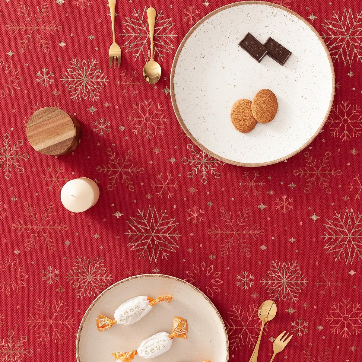 Tafellaken Kerst 140 x 140 cm - Jacquard Goudgaren - Modern Design - Elegante Kerstdecoratie - ShopVlot