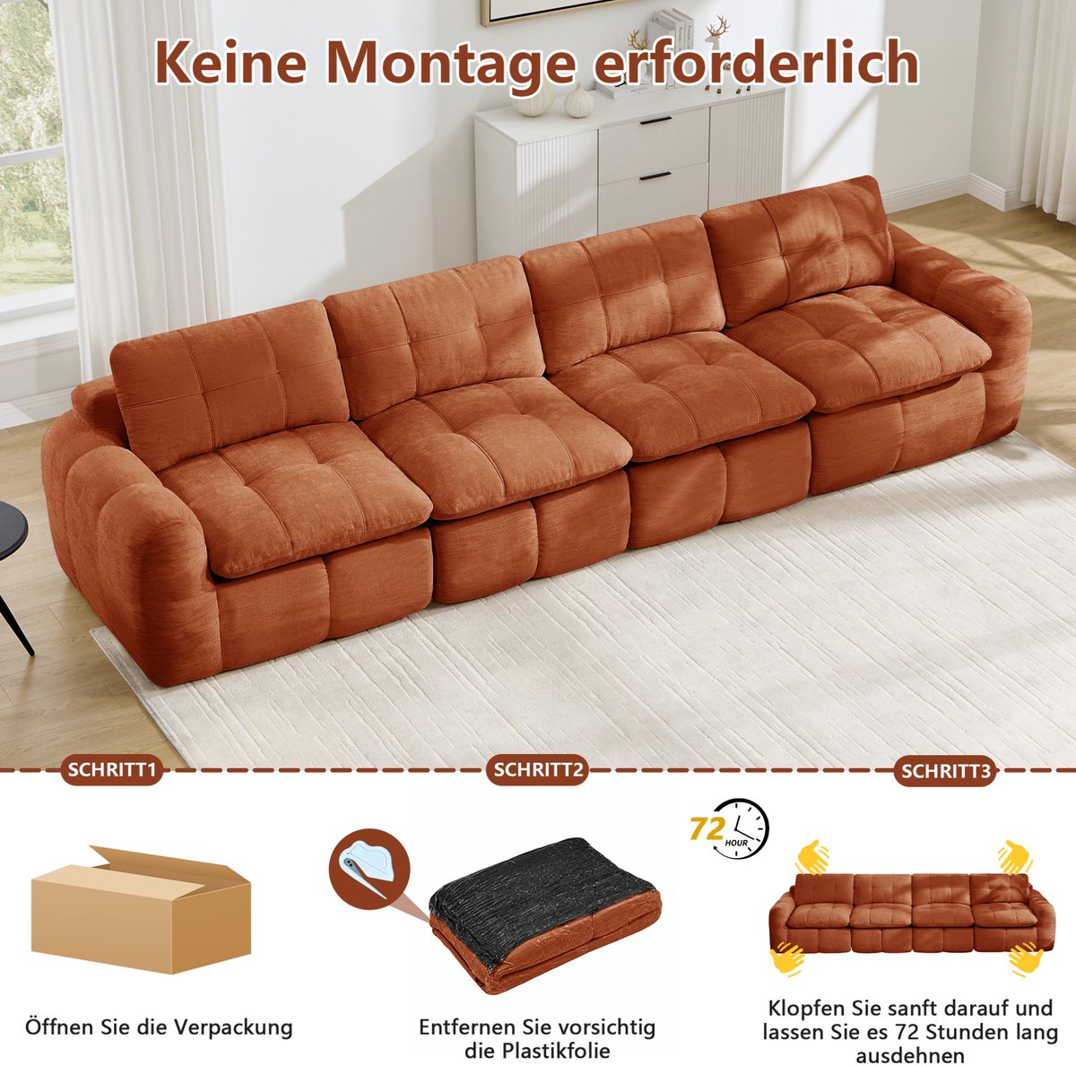 OKWISH 4-Zits Modulaire Bank 334 Cm - Zacht Chenille, Zonder Montage, Brede Diepe Zitting - Voor Woonkamer En Appartement - Stof - Oranje