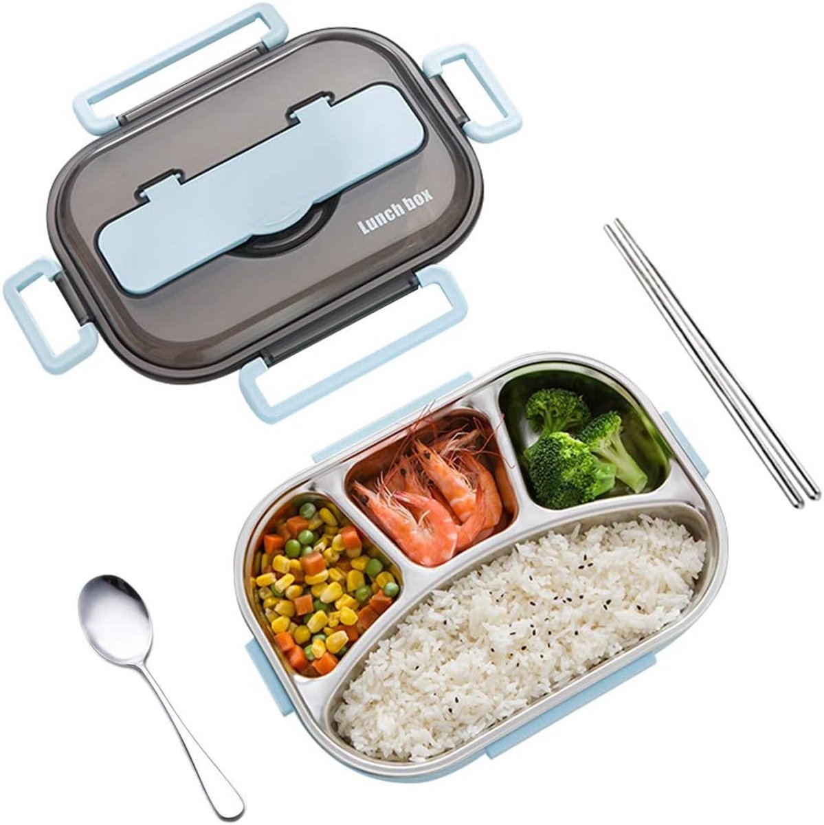 Bento Box 4 Compartimenten - Roestvrijstaal - Inclusief eetstokjes en lepel - Ideaal voor onderweg - ShopVlot