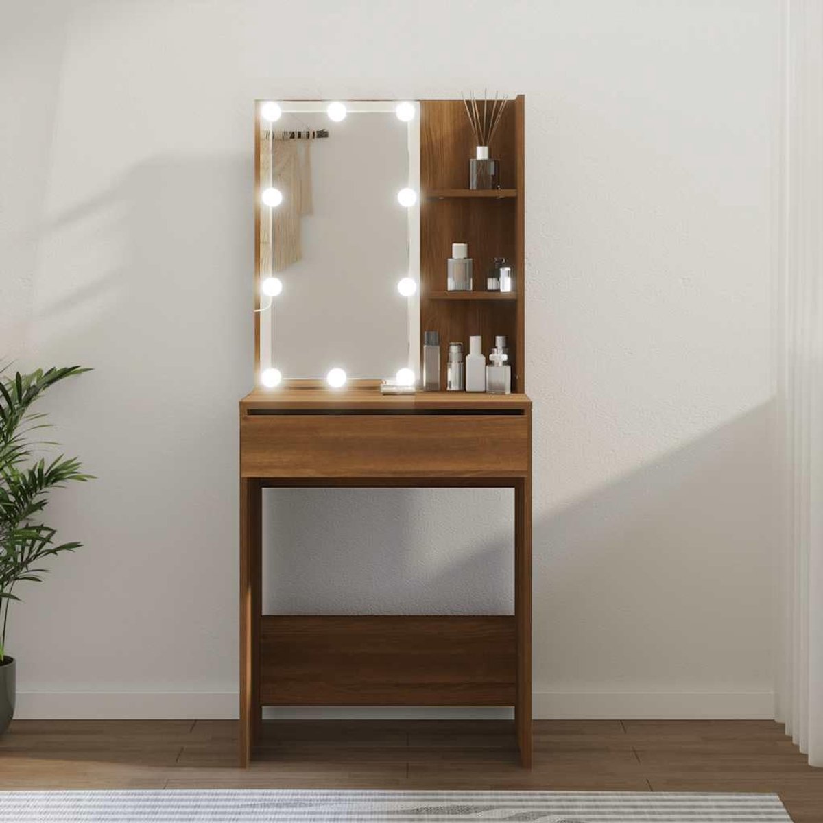 Dressing Table met Spiegel - Brownoak - Modern en Functioneel - Ideaal voor Slaapkamer of Badkamer - ShopVlot