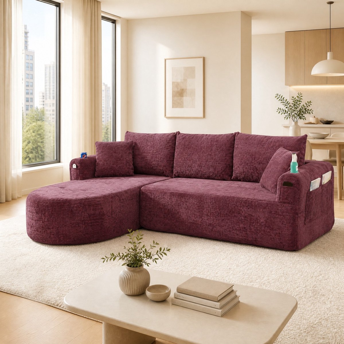 DESMIU Hoekbank 3-Zits - L-Vorm Cloud Couch Met Bekerhouder En Zijvakken - Voor Woonkamer En Lounge - Stof - Claret Red