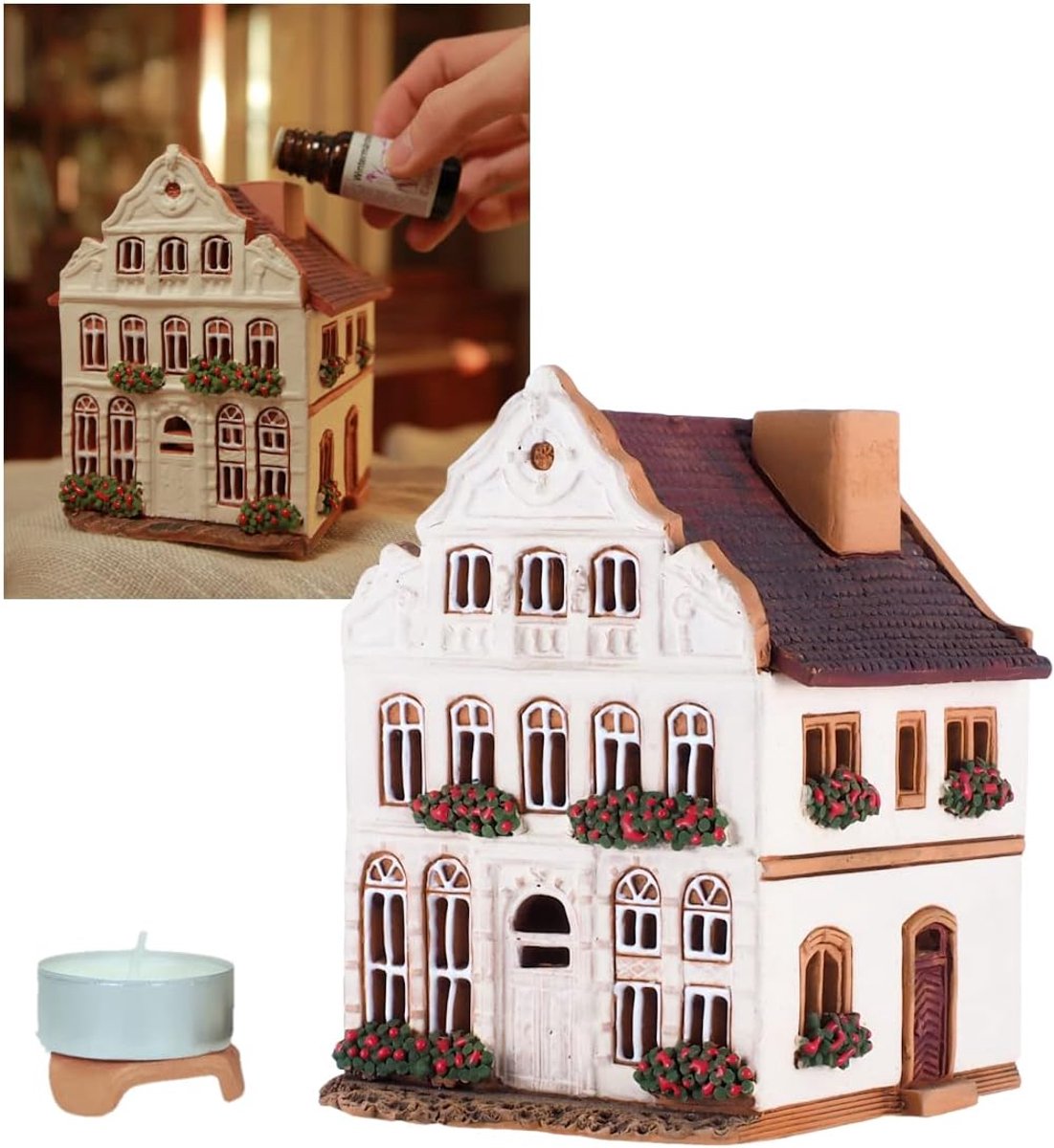 Theelichthouder keramiek 12,5cm - miniatuur huis - handgemaakt - prachtig als decoratie - ShopVlot