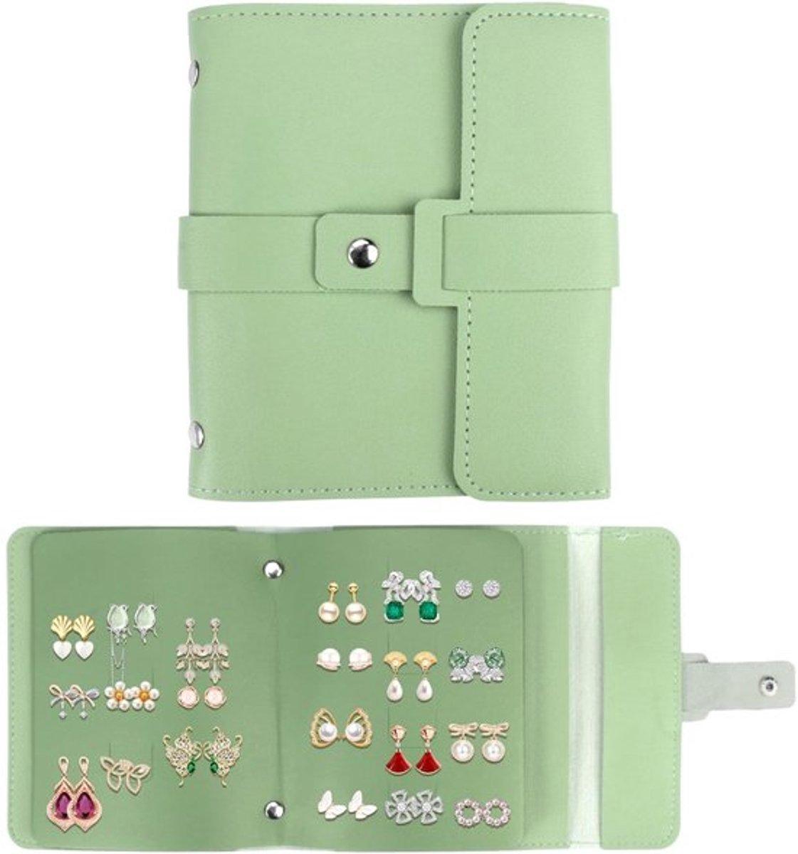 Oorbelcase Draagbaar - Sieraden Opberger met Ritsen - PU Oorbelhouder - Compact - 16 x 14 cm - Groen - Sieradenopberger