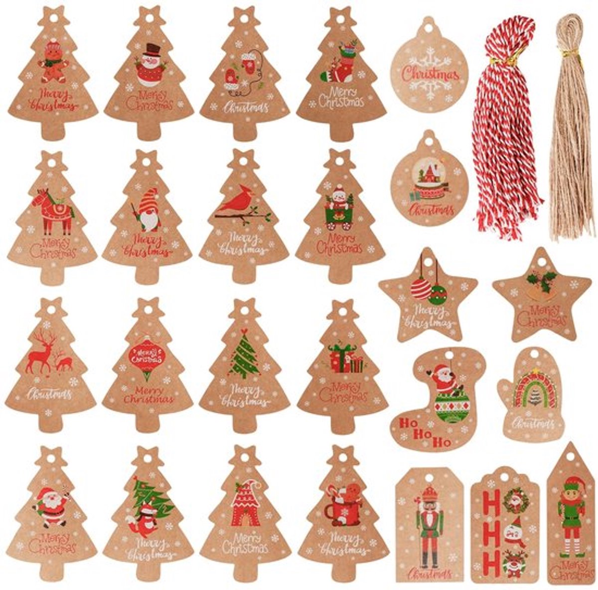 FRUHLING 100 stuks cadeaulabels, kersthangers, kraftpapier, cadeaulabels, kerstboomhangers met jute koord voor Kerstmis, geschenken, doe-het-zelf knutselen