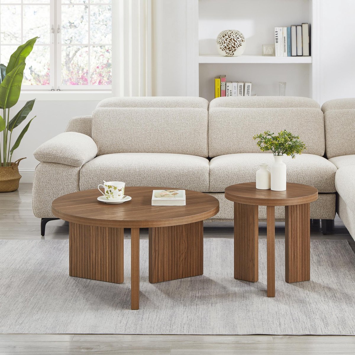 Ronde Salontafel Set 2 Delig - Bijzettafel Met Rillenstructuur En Tafelblad 92 cm - MDF Walnoot Bruin