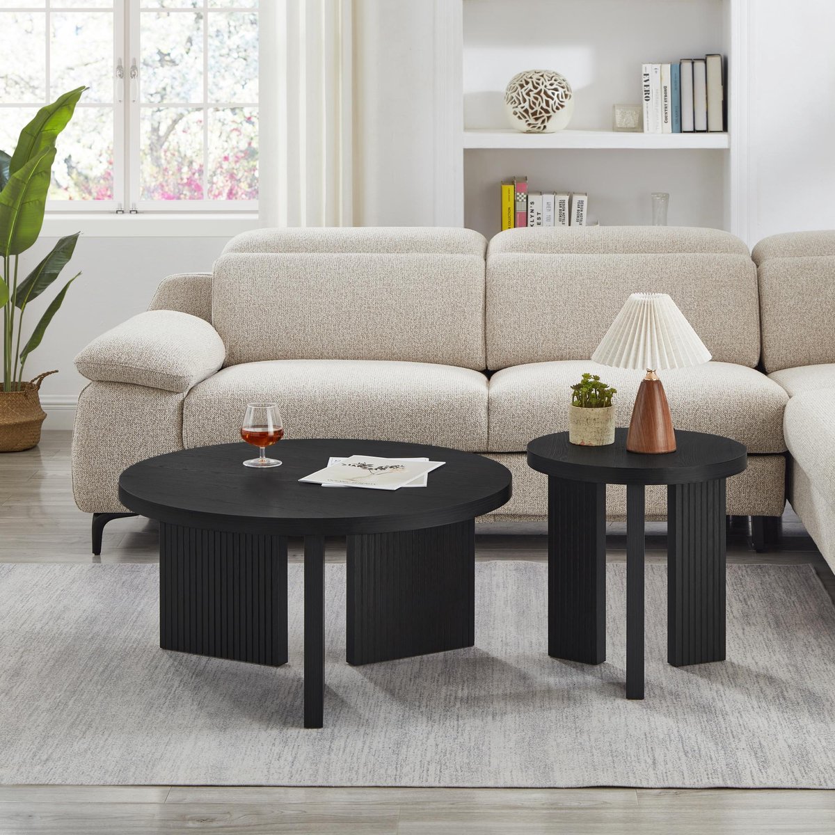 Ronde Salontafel Set 2 Delig 92 cm - MDF Tafels Met Rillenstructuur Voor Woonkamer En Kantoor Zwart