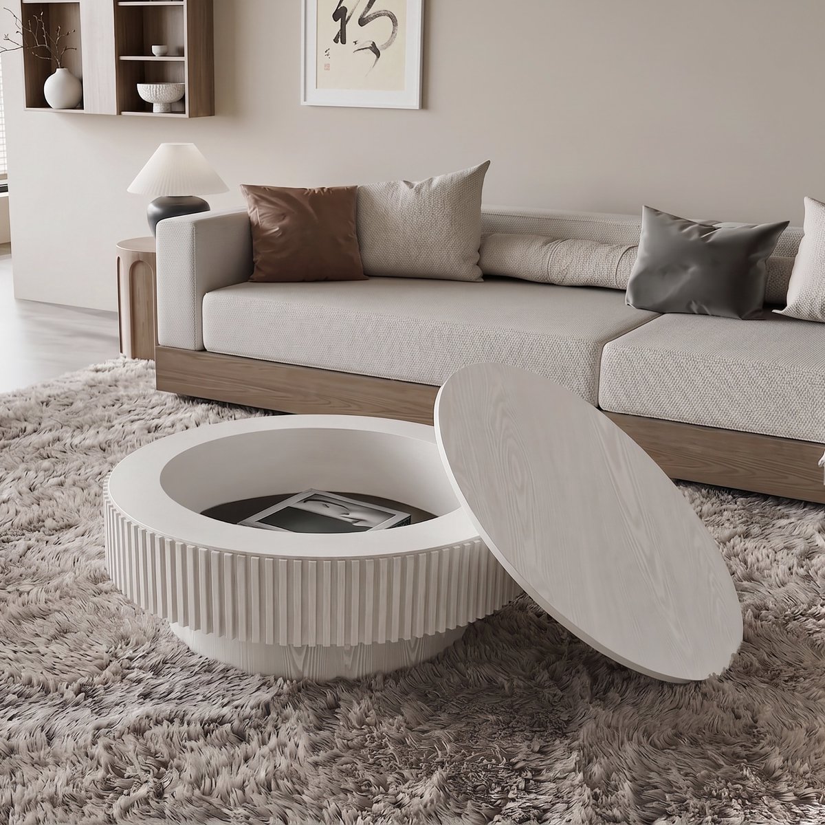 Ronde Salontafel 75 cm Met Opbergruimte - Houten Design Tafeltje Met Geplooide Uitstraling - Retro Wit