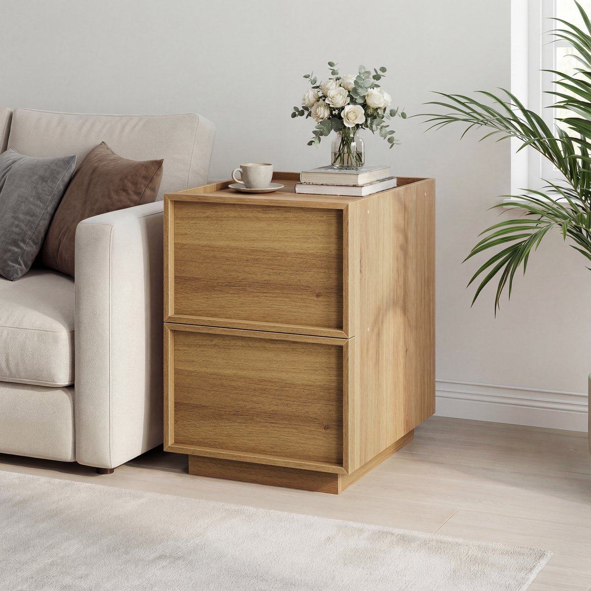 Nachttisch 38x48x50 cm - Eiken Design Met 2 Laden En Greeploze Schuifladen Eiken