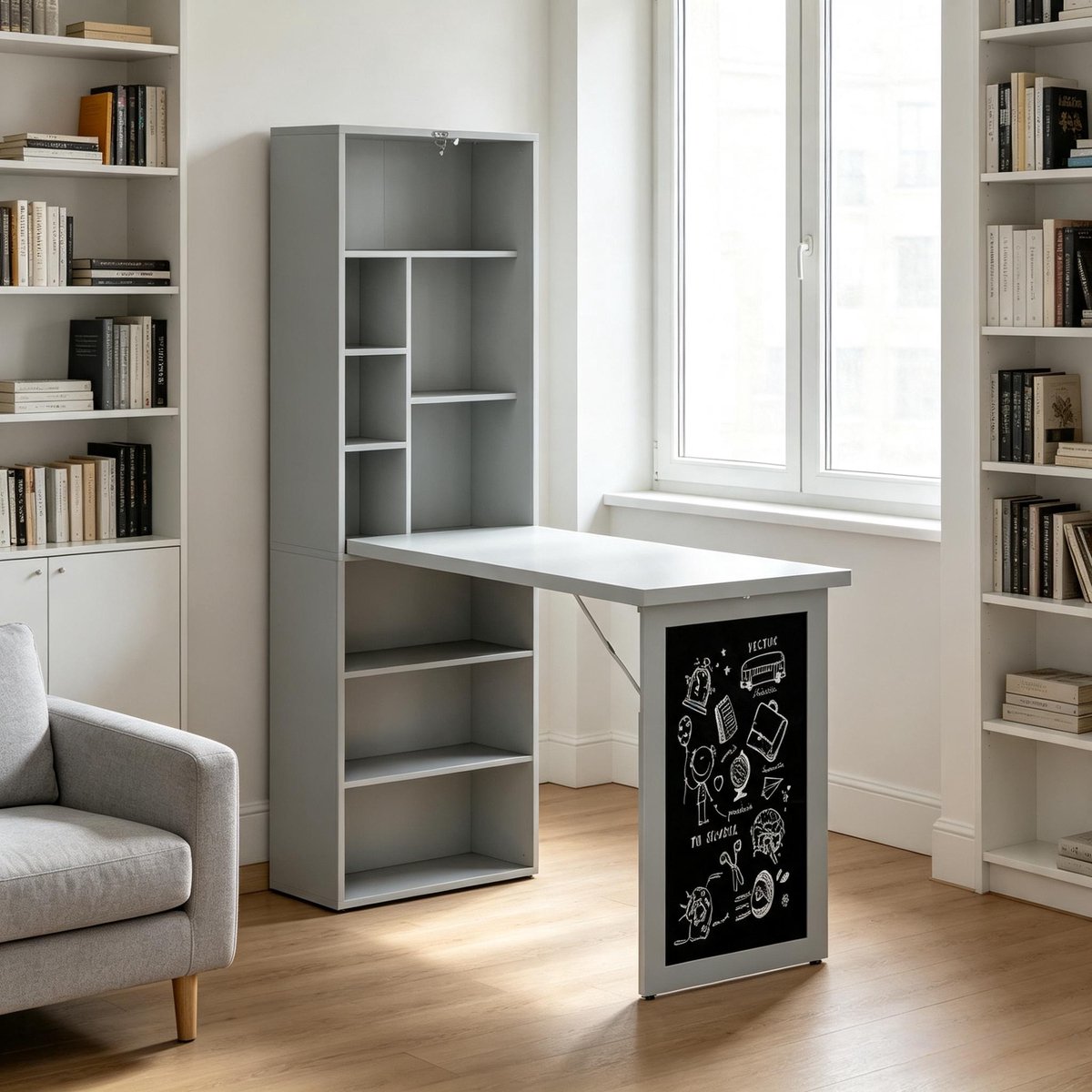 Wandklapbureau 98x51x153 cm - Inklapbaar Bureau Met Boekenkast En Krijtbord MDF Zwart