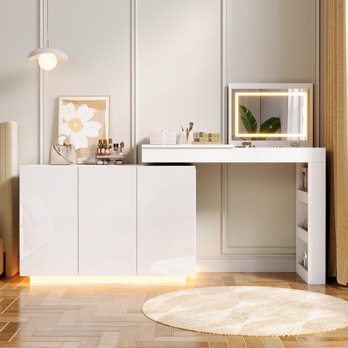 Draaibare Kaptafel Wit Hoogglans - L Vormige Make Up Tafel Met LED Spiegel - Bureau En Kaptafel 2 In 1 Met Opbergruimte
