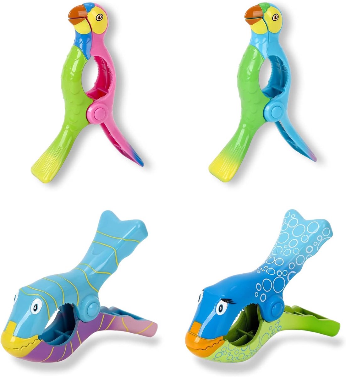 Strandhanddoek clips 4 stuks - Grote winddichte handdoekpinnen - Unieke vis en papegaai stijl - Perfect voor zonbedden - ShopVlot