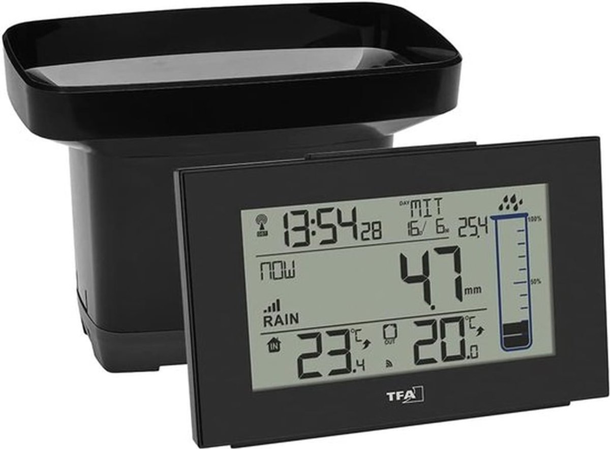 SnelShoppen - Draadloze Regenmeter en Temperatuurmeter voor Tuin en Balkon - Weerstation met Historiefunctie, Alarmklok, Zwart, 150x44x96 mm