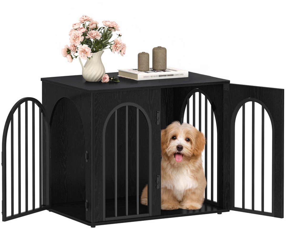 Hzuaneri Hondenbench Meubel, 68 cm Hondenbox voor Thuis, 3 Deuren, Boogdeur, Moderne Hondenbox Indoor voor Honden, Bijzettafel, Hondenbench Hoogbelastbaar, 68 x 49 x 56 cm, Zwart