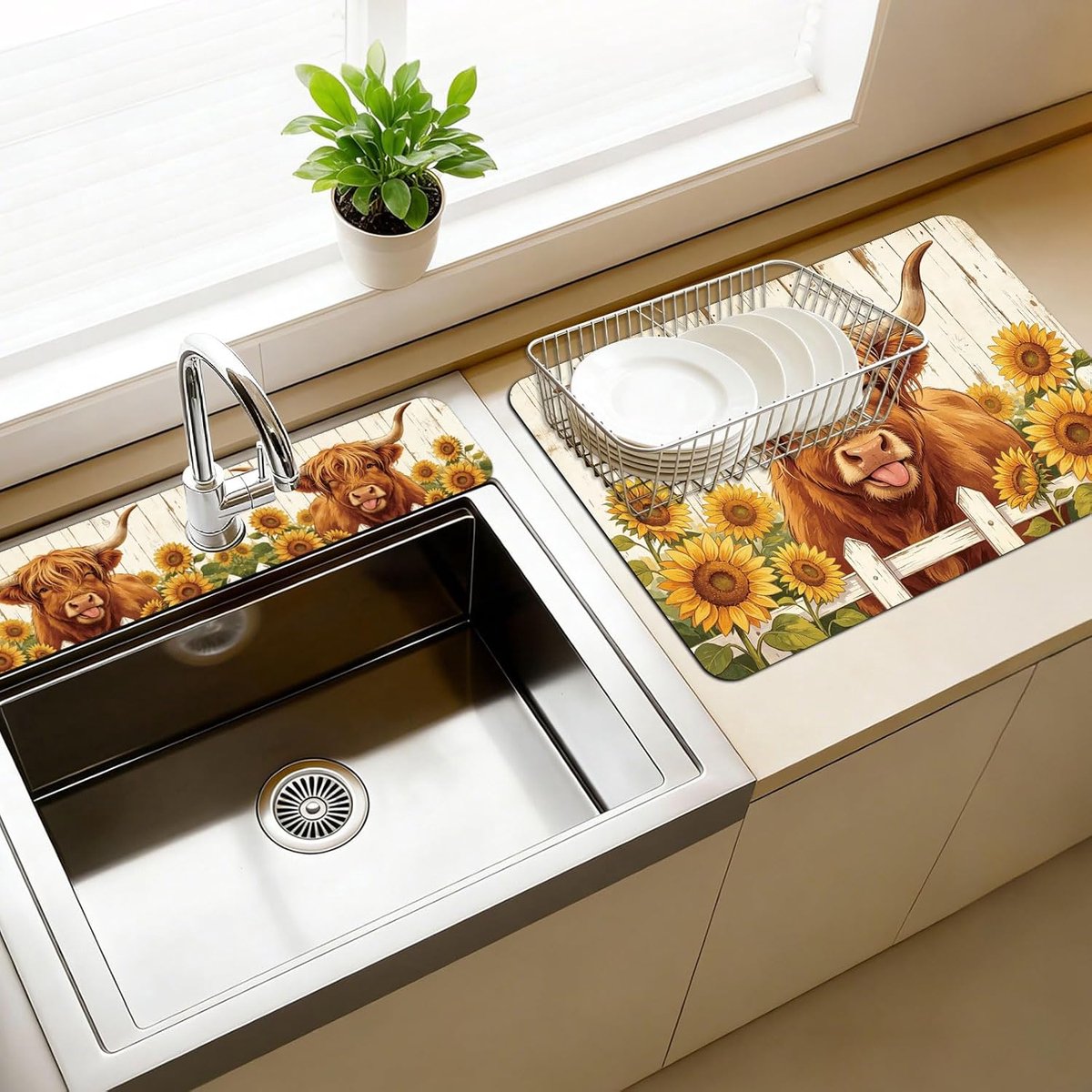 3 Stks 2 Size Aanrecht Splash Guard Kraan Mat Hoogland Koe Patroon Kraan Mat voor Gootstenen Realistische Vee Patroon - ShopVlot