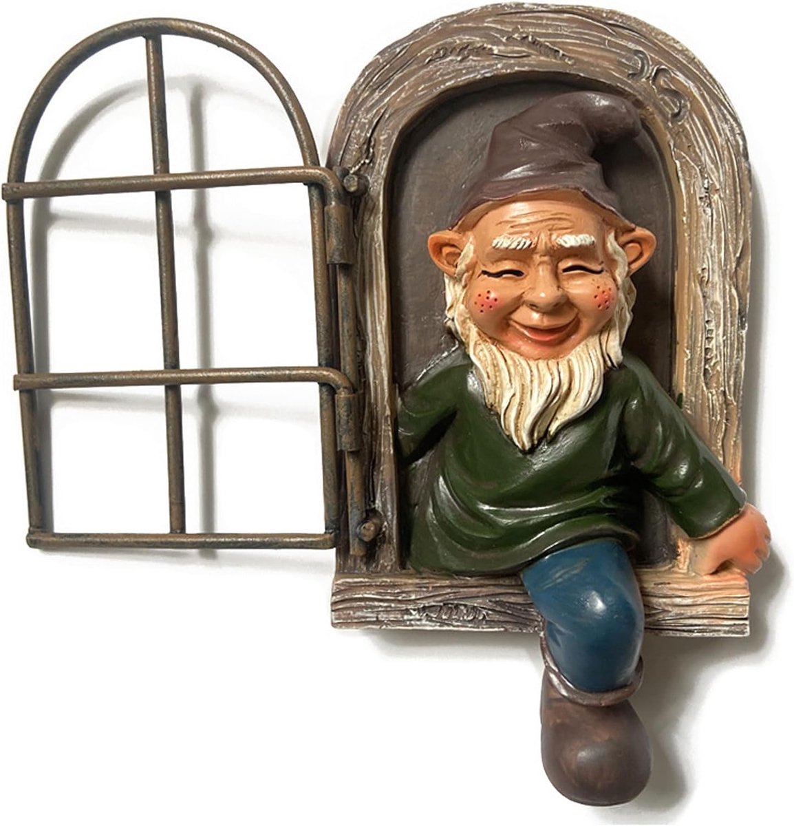 Tuinkabouter van hars met venster voor boom, decoratie voor buiten, zittende kabouter, voor terras en balkon - ShopVlot