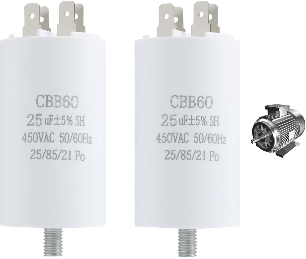 CBB60 25µF Motor Start Capacitor, 450 V AC 50/60 Hz, Diameter 45 x 95 mm, with Screw M8, Flame Retardant Polypropylene - ShopVlot