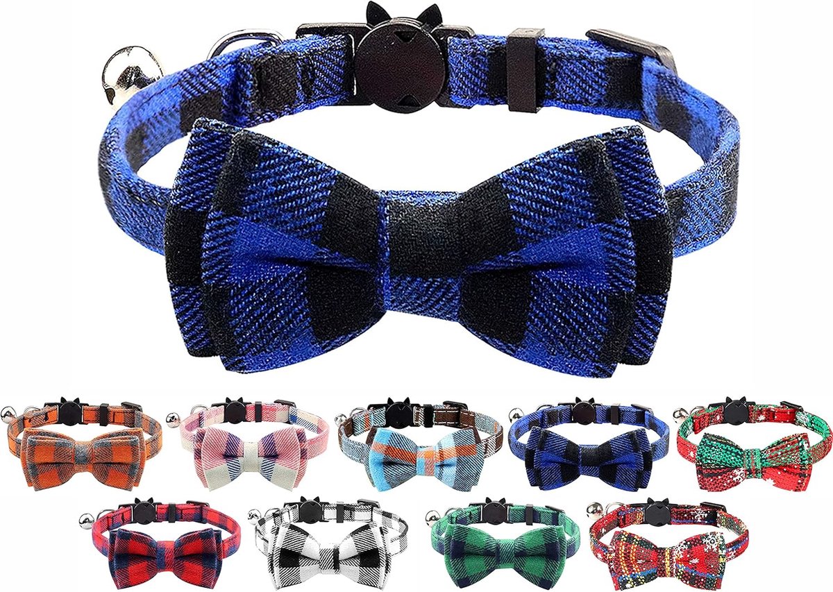 Cat Collar with Bell and Bow Tie, Quick Release Safety Buckle Collars for Kitten and Cats, Soft Tartan Design (Blue & - ShopVlot