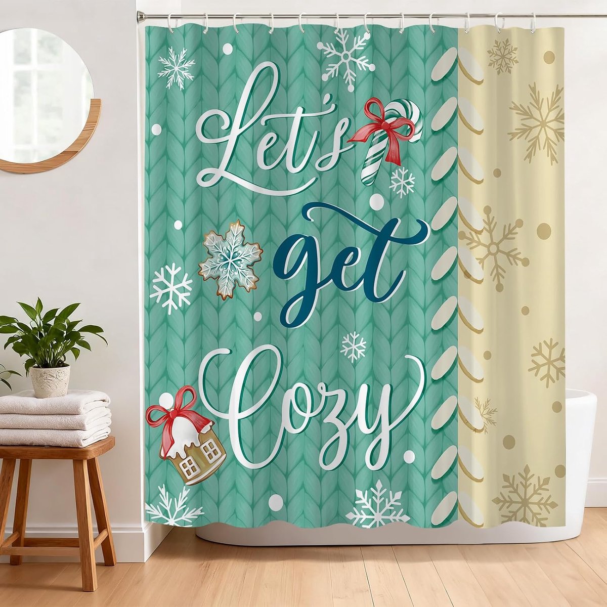 Groen douchegordijn, wintervakantie badgordijn, feestelijk sneeuwvlok snoepriet decor, waterdicht polyester stoffen - ShopVlot