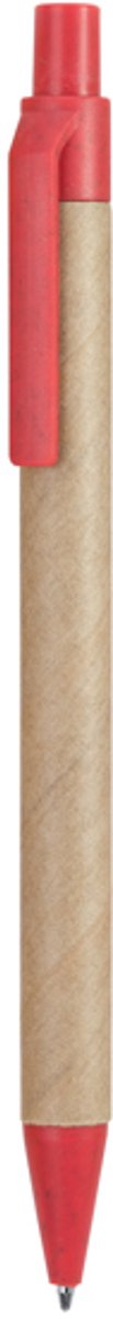 250 stuks voordeel pack Drukknoppen pen van gerecycled karton, met punt en clip van tarwevezel en ABS Model GROVE Rood. Blauwe inkt.