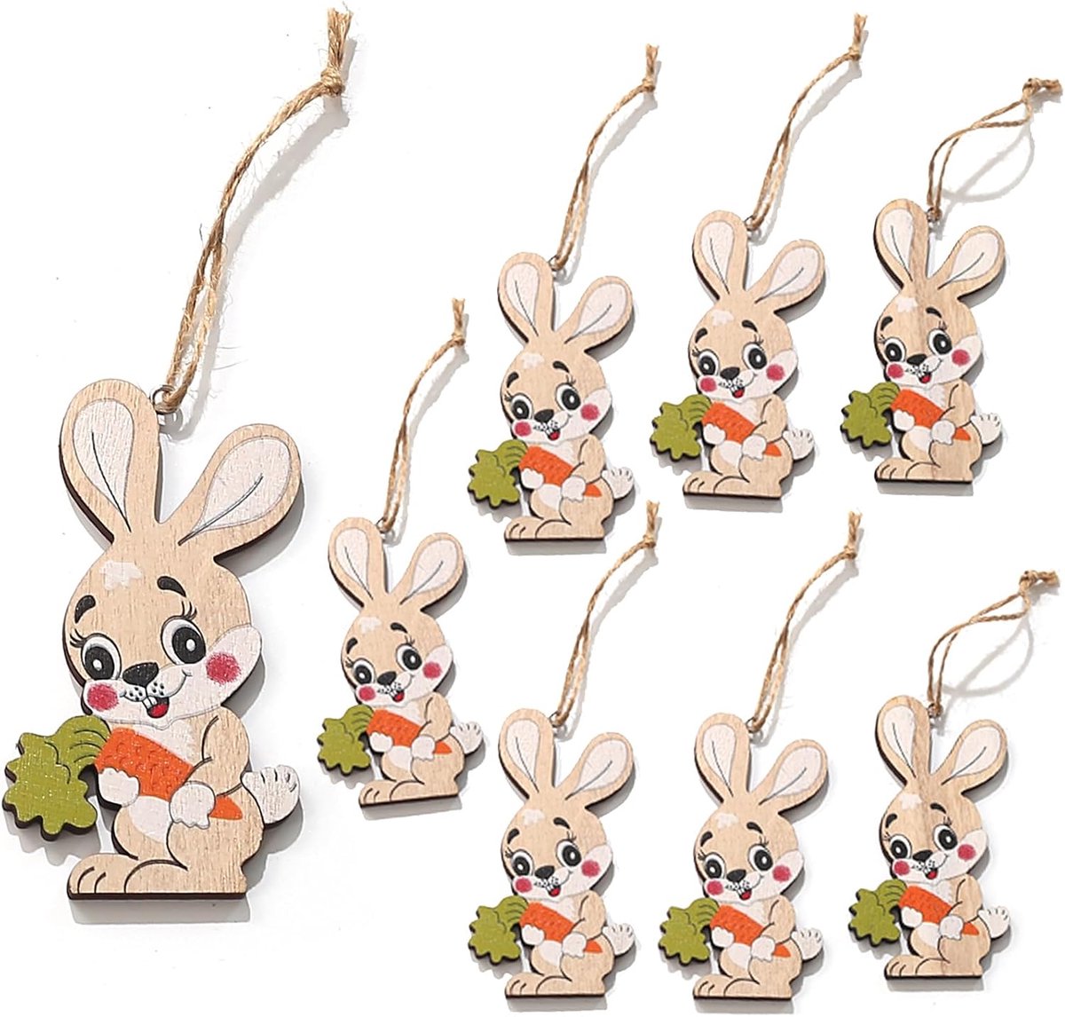 YIEUR Pack of 8 Easter Bunnies Wooden 8 cm Easter Bunny for Hanging with Cord Easter Decoration Wooden Easter Hanger - ShopVlot