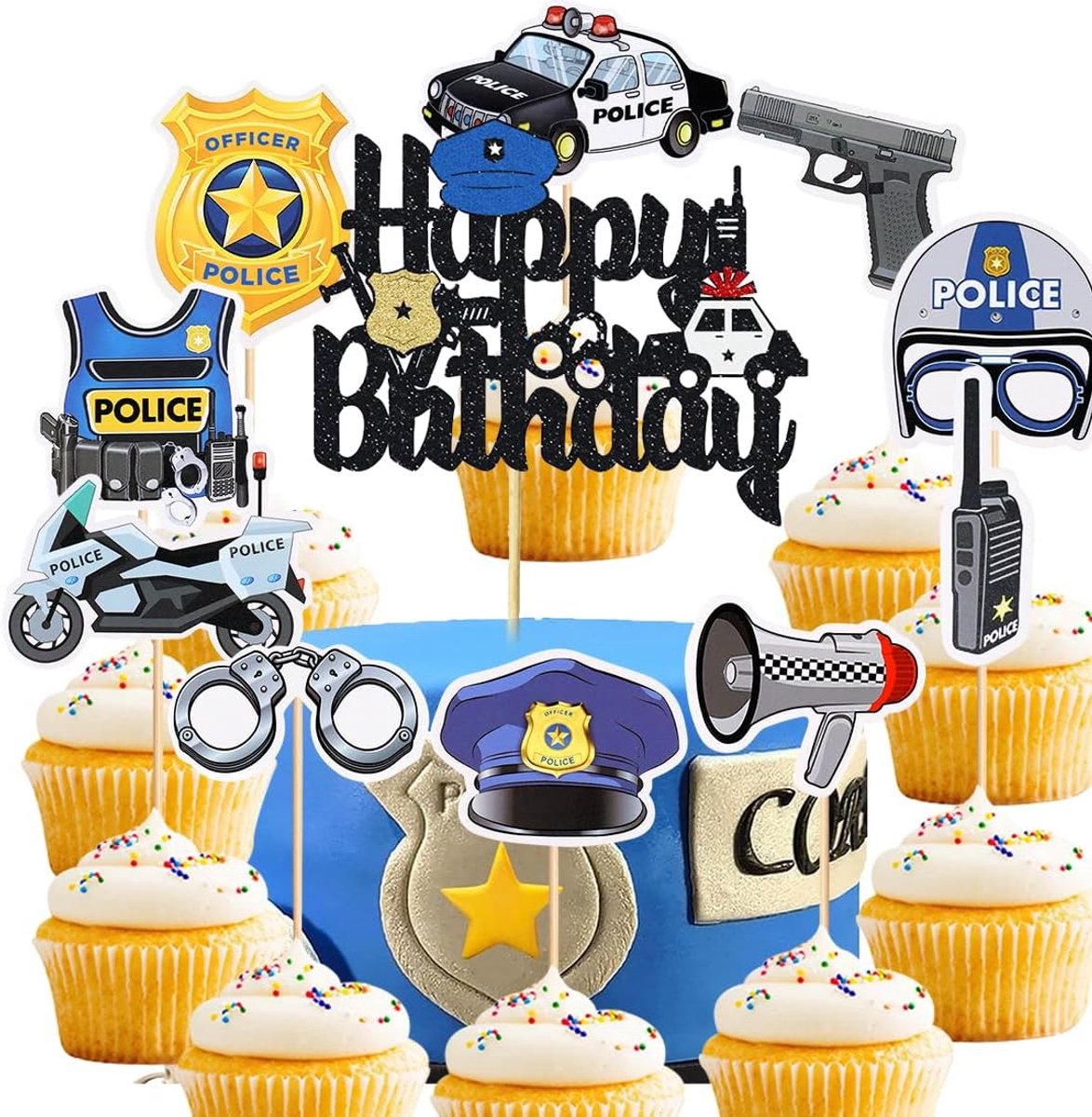 Cake decoratie politie thema - 10 delige set - handboeien en pistolen - eenvoudig te gebruiken - ShopVlot
