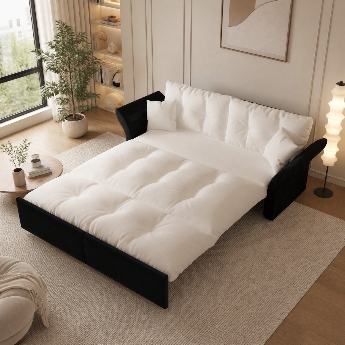 DESMIU Slaapbank 190 Cm - Omvormbaar Uitklapbaar - Bedbank Met 2 Kussens - Voor Woonkamer En Slaapkamer - Velours - Zwart Wit