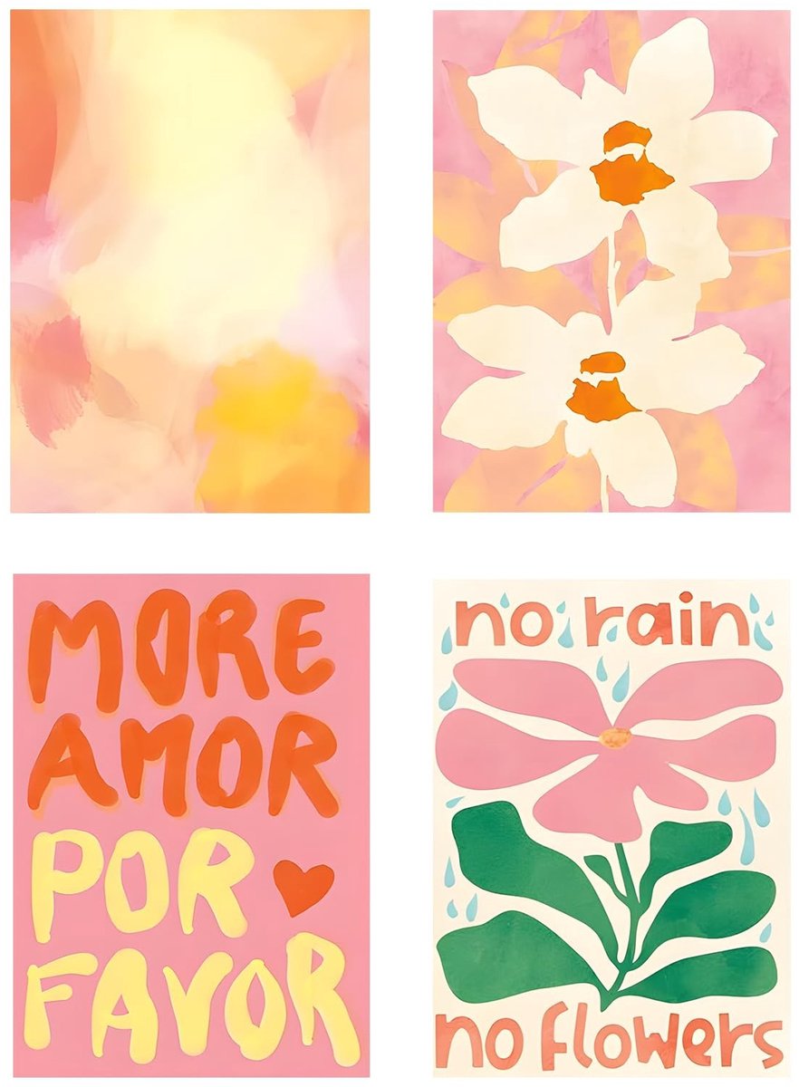 SnelShoppen - Set van 4 Decoratieve Wandposters, Dopamine Kunst, 40 x 30 cm, Roze Pastelbloemen en Inspirerende Spreuken, Esthetische Wandafbeeldingen