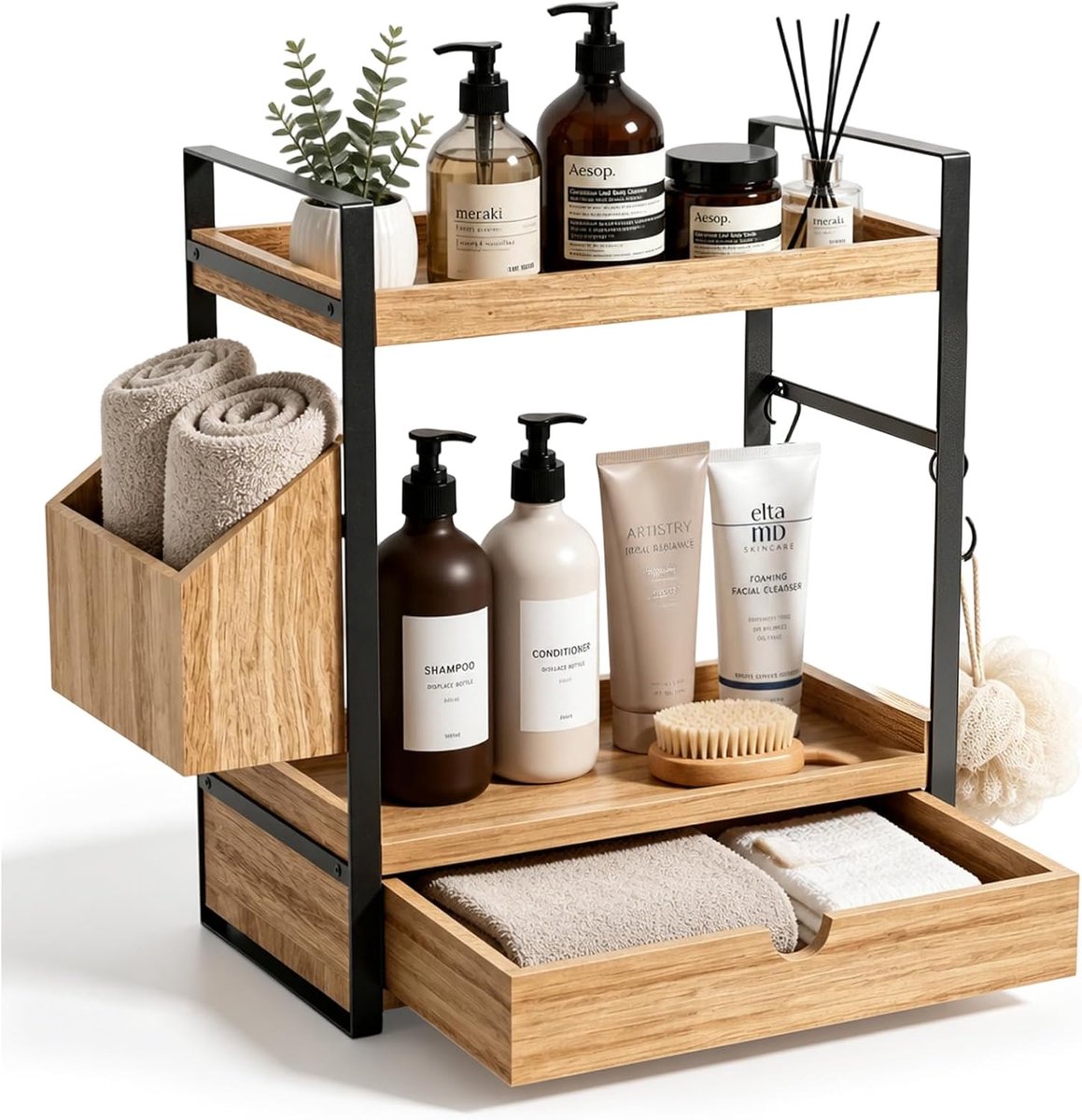 Badkamerorganizer 2 verdiepingen - houten rek met metalen frame - laden en manden - ruimtebesparend opbergrek - ShopVlot