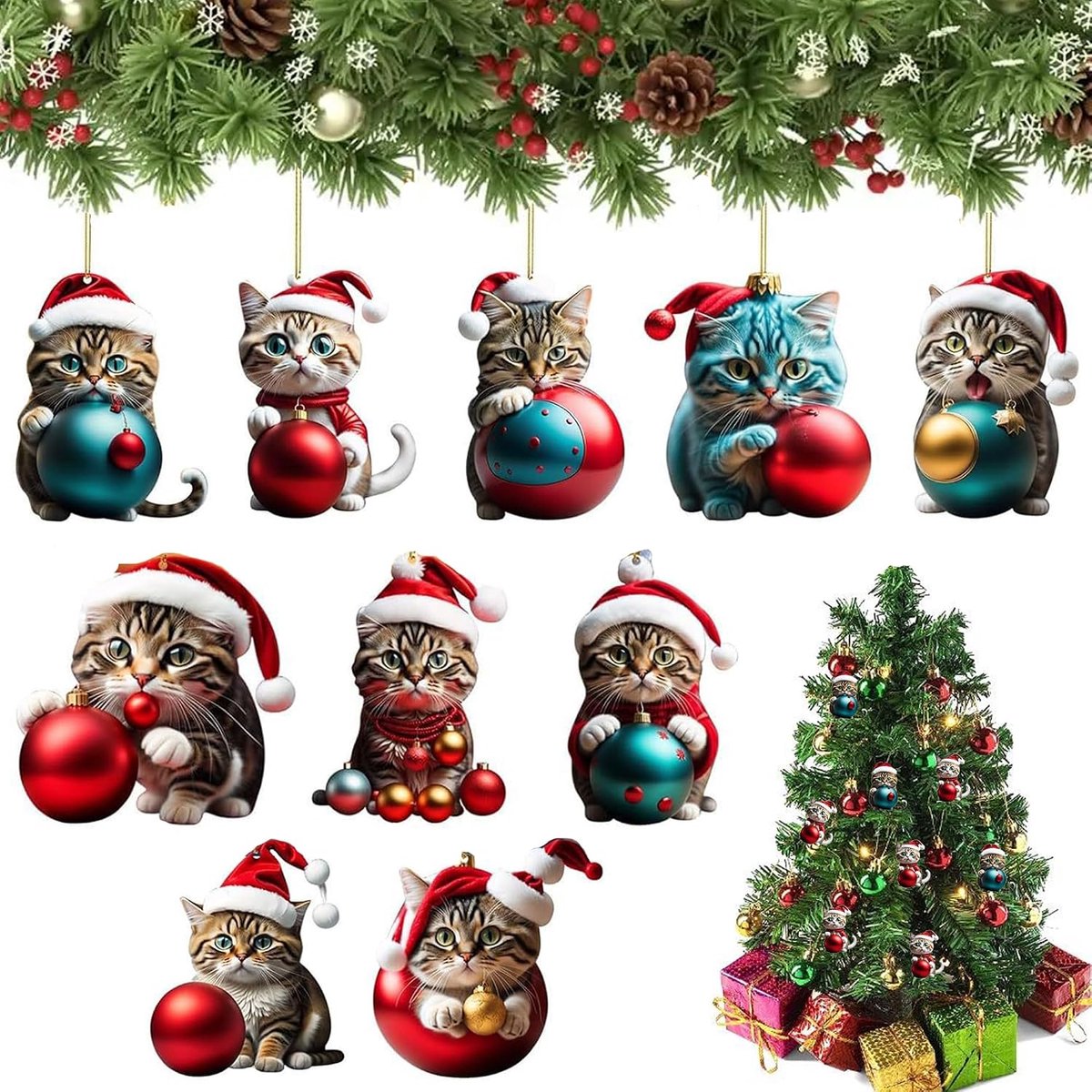 Kerstboomdecoraties katten - 10 stuks - 2D design van acryl - schattige dieren met kersthoed - ShopVlot
