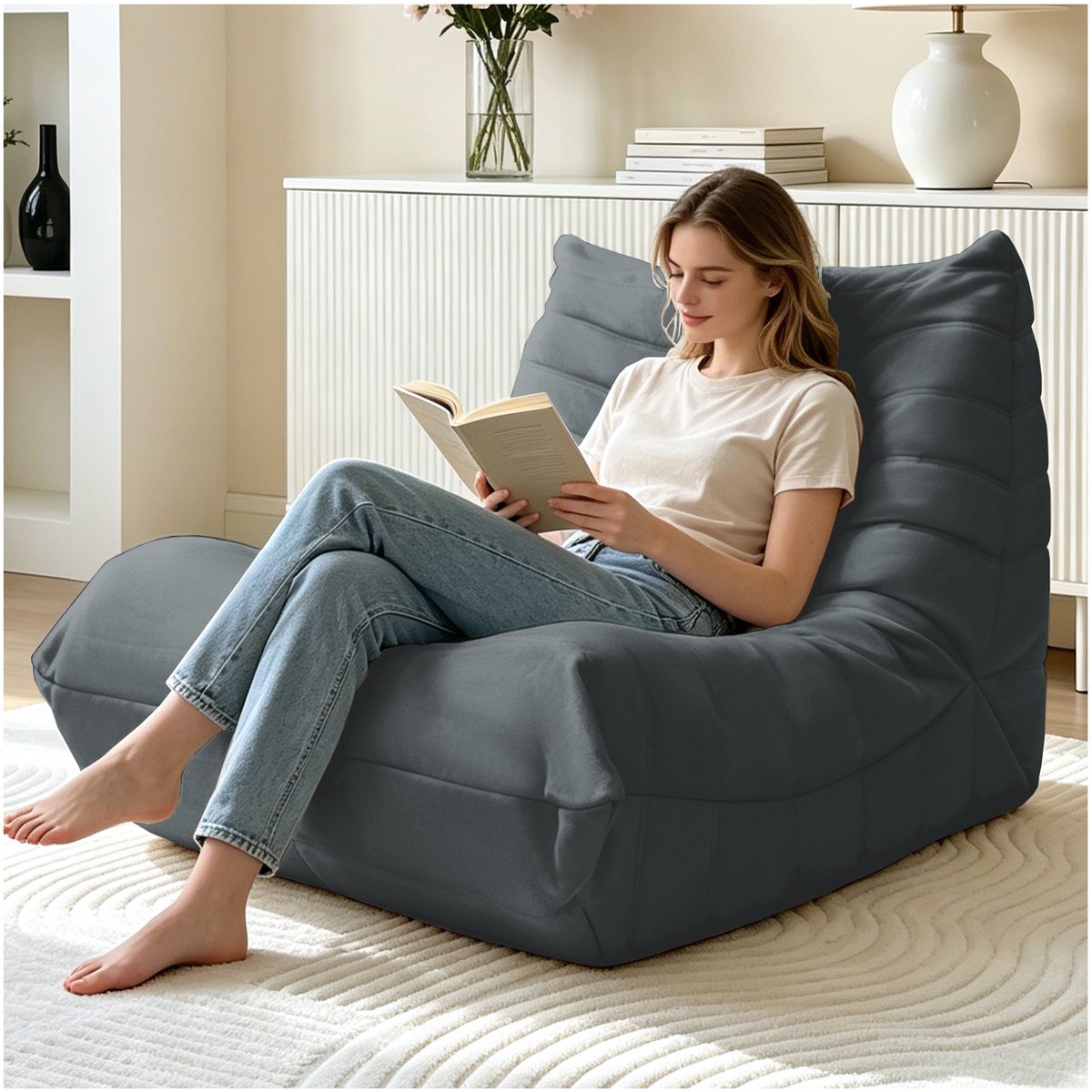 OKWISH Zitzak Loungestoel - Ergonomisch Ontwerp Met Rugleuning - Zachte Bekleding - Voor Lezen En Ontspannen Binnen - Grijs