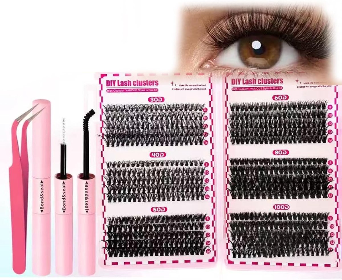 Eyelash extension kit 600 stuks - Russische D krul clusters & individuele wimpers - 30D-100D volume - ShopVlot
