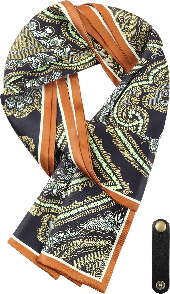 Mannen Sjaal 16 x 149 cm - Faux Zijde - Retro Print Zwart Bruin - Multifunctionele Sjaal - ShopVlot