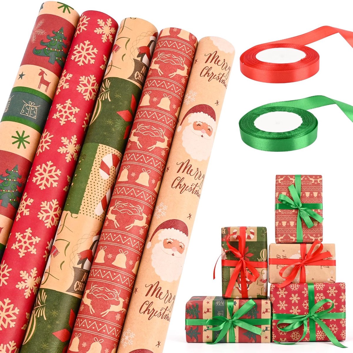Solidchoice - Set van 5 Kerst Cadeau Inpakpapier met Linten en Tape