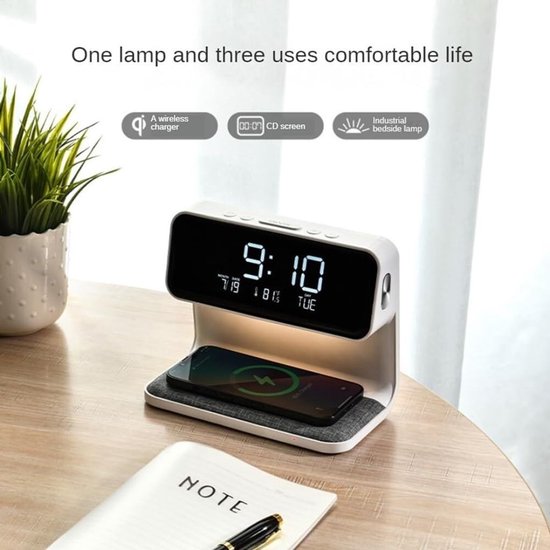 Slimme Oplader Lamp - Digitale Wekker - Wakker Worden - Draadloos Opladen - Groot Scherm - Wit — afbeelding 2