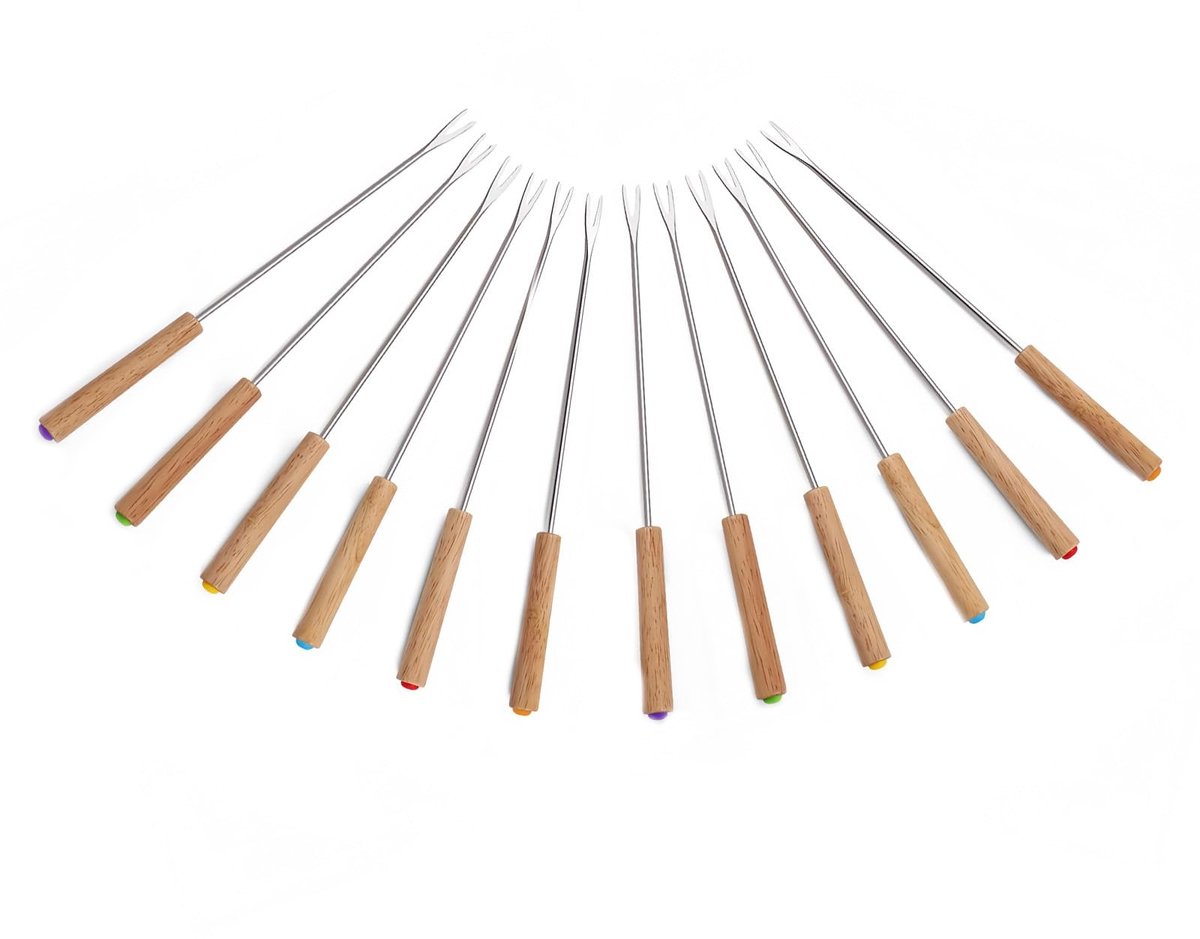 Solidchoice - Set van 12 Roestvrijstalen Fonduevorken met Houten Handvat