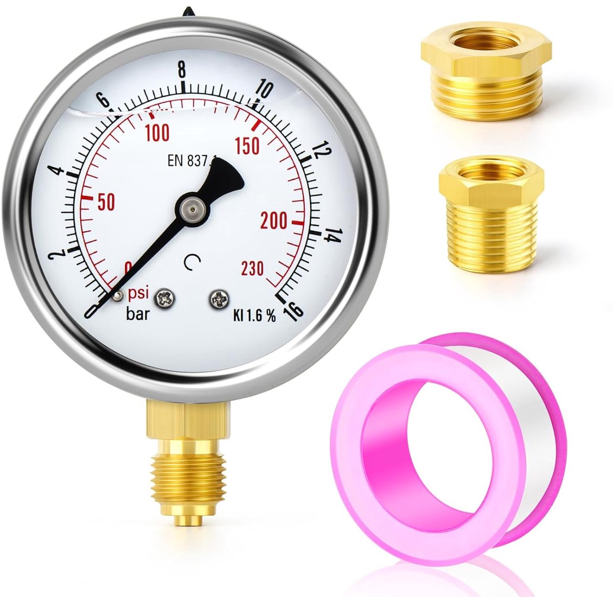 0-16 bar/0-230 psi stainless steel 1/4" BSP 2.5" FACE DIAL liquid filled pressure gauge, undermount with 3/8" x 1/4" - ShopVlot