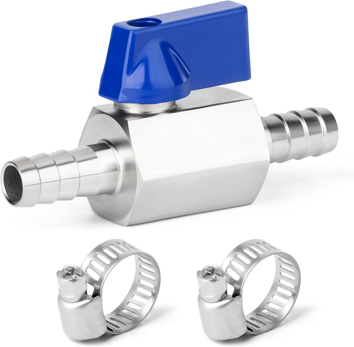 1 ball valve with 8 mm spigot and 2 hose clamps, mini shut-off valve made of stainless steel 304 for drip irrigation - ShopVlot