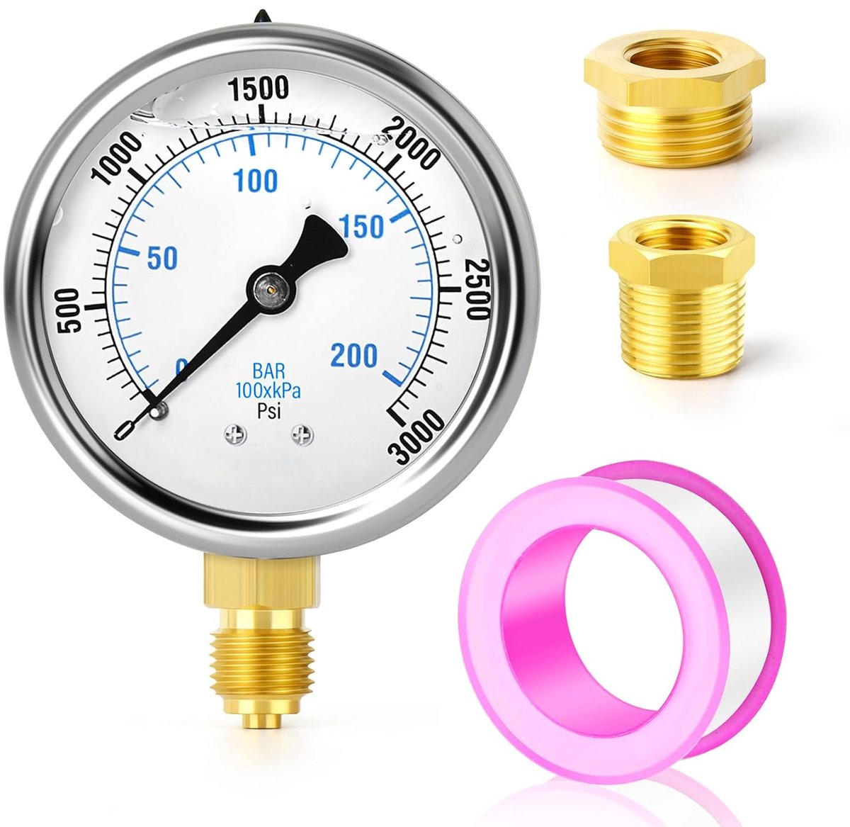 0-210 bar/0-3000 PSI stainless steel 1/4" BSP 2.5" FACE DIAL liquid filled pressure gauge, undermount with 3/8" x 1/4" - ShopVlot