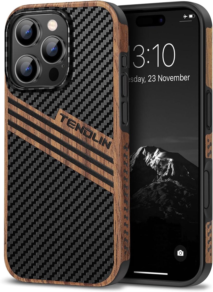TENDLIN Compatible with iPhone 16 Pro Case Wood Grain Carbon Fiber Texture Design Leather Hybrid Slim Case (Three - ShopVlot