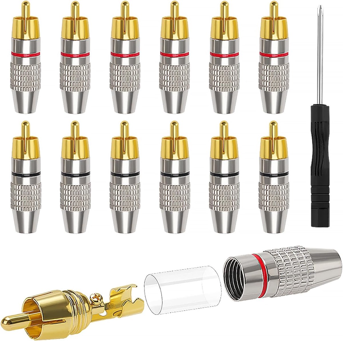 12 Pieces Gold Plated RCA Plug Audio Video Connector, RCA Plug Solderless, with Screwdriver, for Multimedia and CCTV - ShopVlot