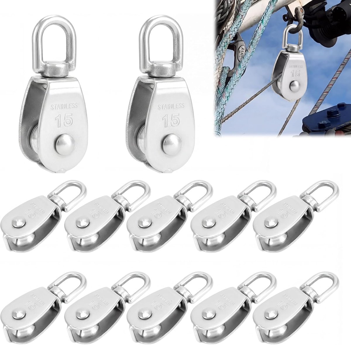 12 pieces pulley small: M15 pulleys with ball bearings 304 stainless steel for wire ropes cables up to 6 mm diameter - ShopVlot