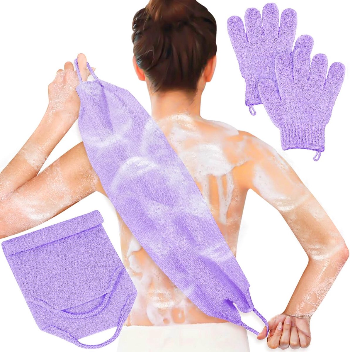 anezus Exfoliating Back Scrubber Bath Gloves Set, Exfoliating Shower Towel with Shower Gloves for Body Scrub, Back - ShopVlot