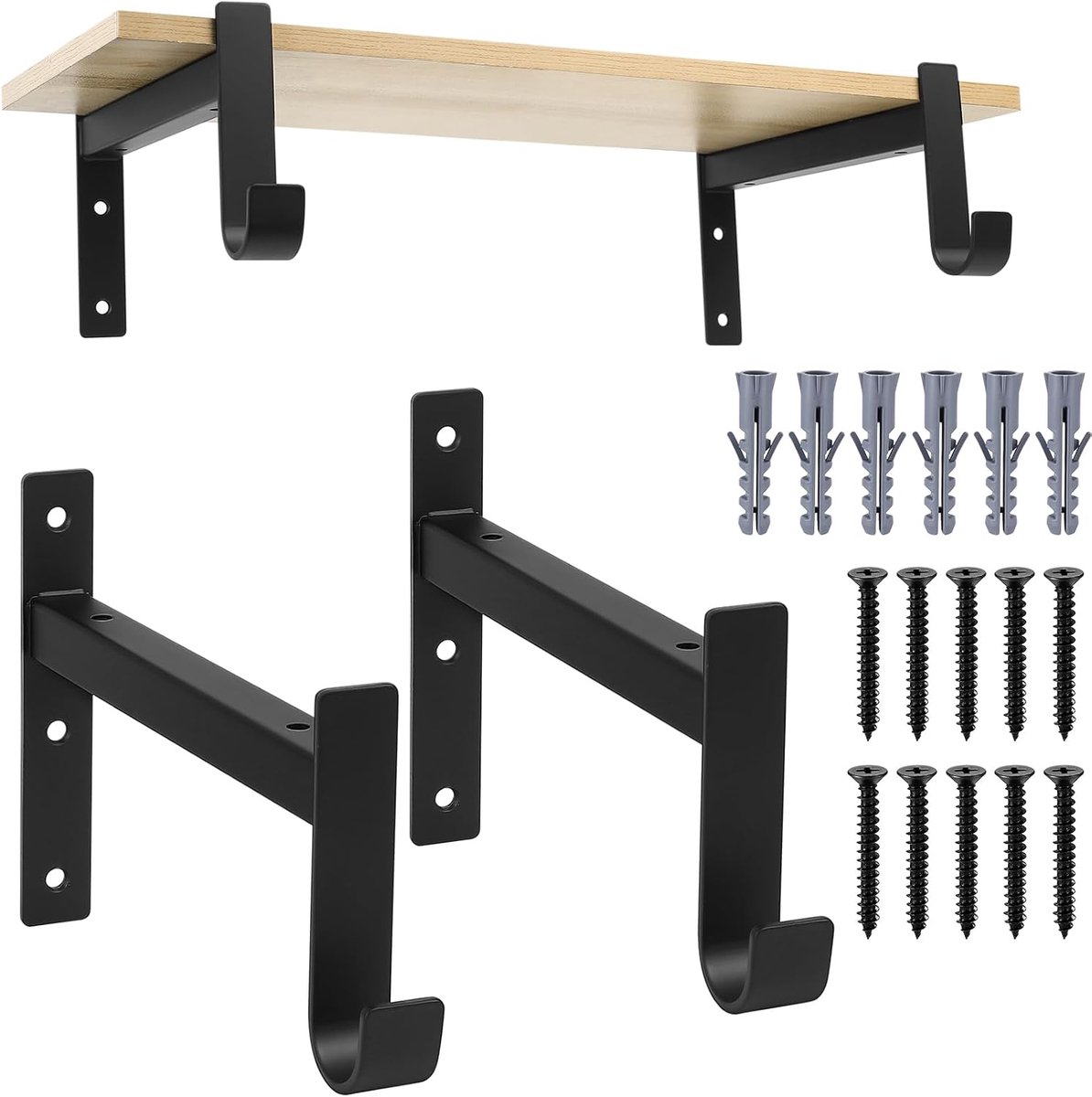 2 stuks plankbeugel, zwart, hoek metalen plankbeugels, zware plankdrager met haken, 90 graden plankhouder - ShopVlot