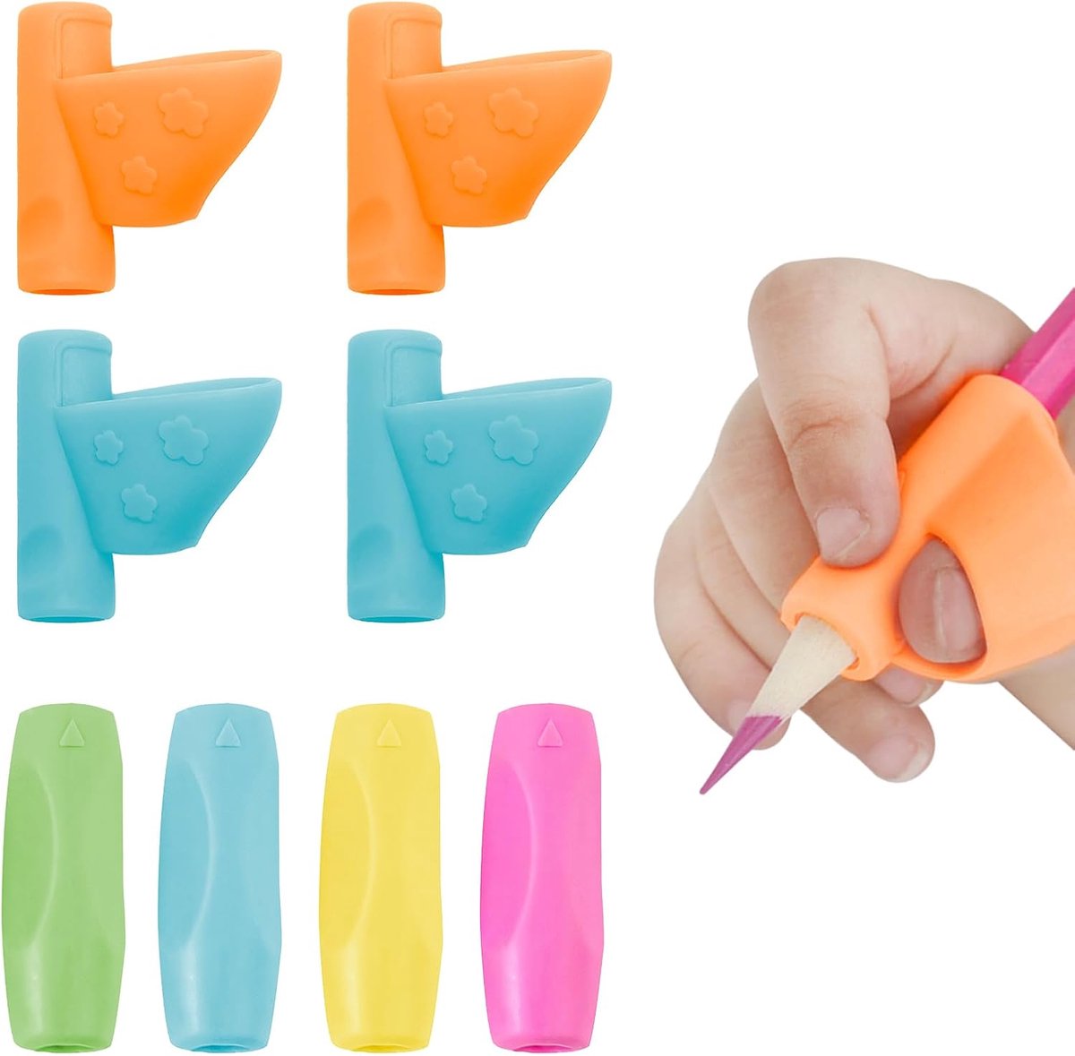 Pack of 8 Silicone Grip Correction Holders, Ergonomic Writing Aid for Children, Pencils and Pens - ShopVlot