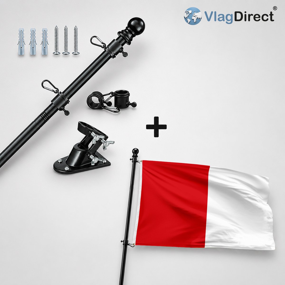 VlagDirect - Compleet vlaggenpakket - Zwarte vlaggenstok inclusief vlaggenstokhouder + Gemeente Florennes vlag - 90 x 150 cm.